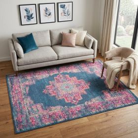 5' X 7' Blue And Pink Medallion Distressed Area Rug