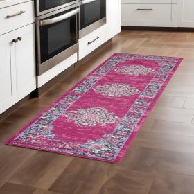 8' Fuchsia And Blue Oriental Distressed Runner Rug