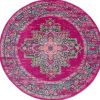 8' Fuchsia And Blue Oriental Distressed Round Rug