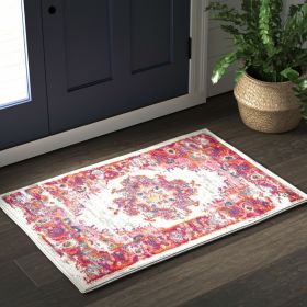2' X 3' Ivory And Fuchsia Oriental Distressed Area Rug