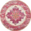 4' Ivory And Fuchsia Oriental Distressed Round Rug