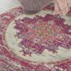 4' Ivory And Fuchsia Oriental Distressed Round Rug