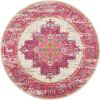 4' Ivory And Fuchsia Oriental Distressed Round Rug