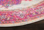 5' Ivory And Fuchsia Oriental Distressed Round Rug