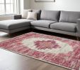 8' X 10' Ivory And Fuchsia Oriental Distressed Area Rug