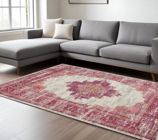 8' X 10' Ivory And Fuchsia Oriental Distressed Area Rug