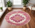 8' Ivory And Fuchsia Oriental Distressed Round Rug
