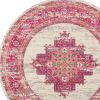 8' Ivory And Fuchsia Oriental Distressed Round Rug