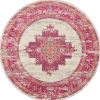 8' Ivory And Fuchsia Oriental Distressed Round Rug
