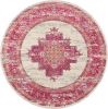 8' Ivory And Fuchsia Oriental Distressed Round Rug