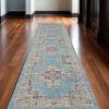 10' Blue And Ivory Southwestern Distressed Runner Rug