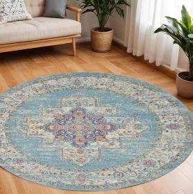 8' Blue And Ivory Southwestern Distressed Round Rug