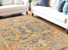 5' X 7' Teal And Gold Medallion Distressed Area Rug