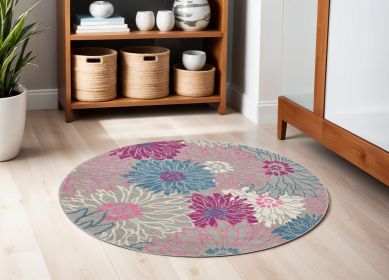 5' Gray And Pink Floral Round Rug
