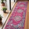 6' Fuchsia And Blue Oriental Distressed Runner Rug