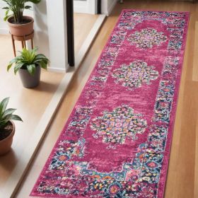 6' Fuchsia And Blue Oriental Distressed Runner Rug