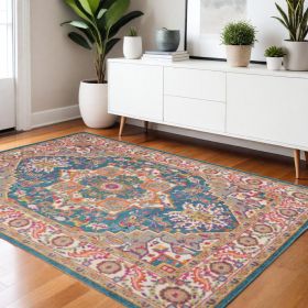 4' X 6' Teal And Ivory Medallion Distressed Area Rug
