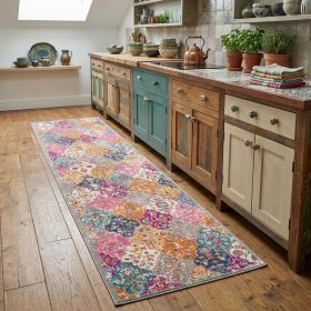 8' Gray And Ivory Geometric Distressed Runner Rug