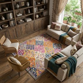 8' X 10' Gray Blue And Orange Quatrefoil Distressed Area Rug