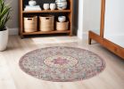 5' Gray And Pink Medallion Round Rug