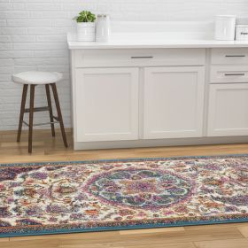 8' Ivory And Blue Medallion Runner Rug