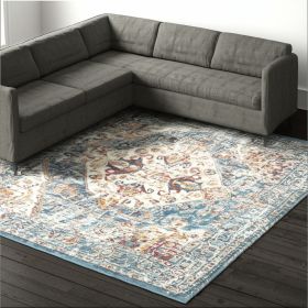 8' X 10' Ivory And Blue Oriental Distressed Area Rug