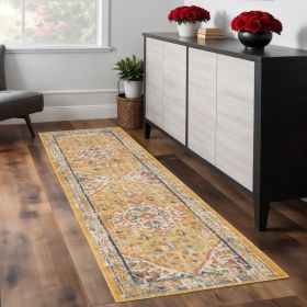 8' Yellow And Ivory Medallion Runner Rug