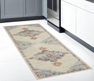 8' Gray And Ivory Medallion Distressed Runner Rug