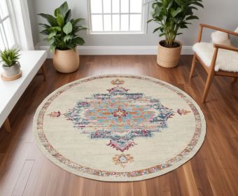 8' Gray And Ivory Medallion Distressed Round Rug