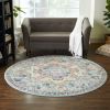 8' Ivory And Blue Oriental Distressed Round Rug