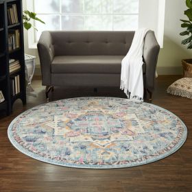 8' Ivory And Blue Oriental Distressed Round Rug