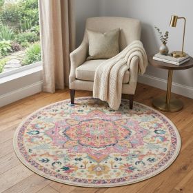 5' Pink And Ivory Southwestern Distressed Round Rug