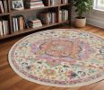 8' Pink And Ivory Southwestern Distressed Round Rug