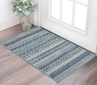 2' X 3' Blue And Ivory Striped Area Rug