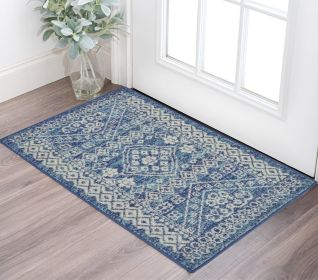 2' X 3' Navy Blue And Ivory Tribal Area Rug