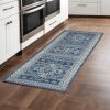 8' Navy Blue And Ivory Tribal Runner Rug