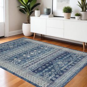 5' X 7' Navy Blue And Ivory Tribal Area Rug