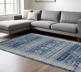 7' X 10' Navy Blue And Ivory Tribal Area Rug
