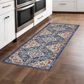 8' Blue And Ivory Medallion Runner Rug