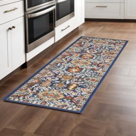 8' Blue And Ivory Oriental Runner Rug