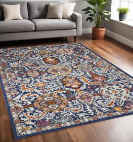 5' X 7' Blue And Ivory Oriental Area Rug