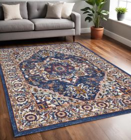 5' X 7' Blue And Ivory Medallion Distressed Area Rug