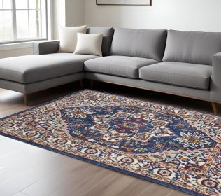 8' X 10' Blue And Ivory Medallion Distressed Area Rug