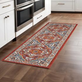 8' Red And Ivory Medallion Distressed Runner Rug