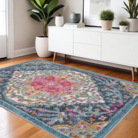 4' X 6' Blue And Ivory Medallion Distressed Area Rug