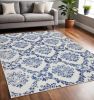5' X 7' Ivory And Blue Damask Distressed Area Rug