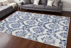 6' X 9' Ivory And Blue Damask Distressed Area Rug