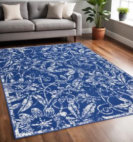 5' X 7' Ivory And Blue Floral Vines Distressed Area Rug