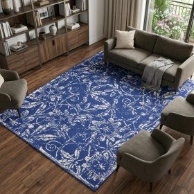 6' X 9' Ivory And Blue Floral Vines Distressed Area Rug