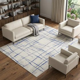 6' X 9' Ivory And Blue Geometric Distressed Area Rug